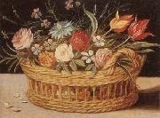 unknow artist Still life of roses,tulips,chyrsanthemums and cornflowers,in a wicker basket,upon a ledge oil on canvas